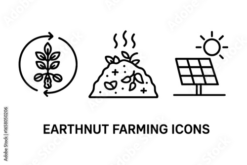 Outline icon set of earthnut sustainable farming. Crop rotation diagram, compost pile, solar panel. Vector agriculture illustration for eco friendly organic production.