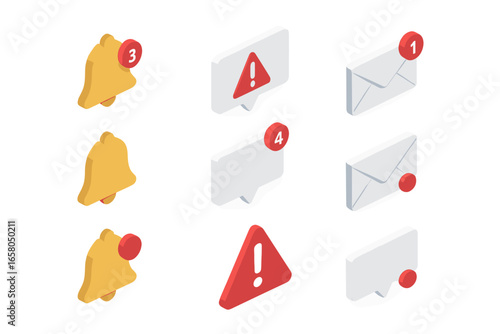 Isometric notification icon set for UI UX design. Includes bell, email, chat bubble, and alert symbols with unread message badges. Concept for digital overload, reminders, and communication.