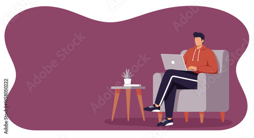 Man comfortably works remotely on laptop in an armchair, showcasing flexible modern work-life balance and digital productivity.