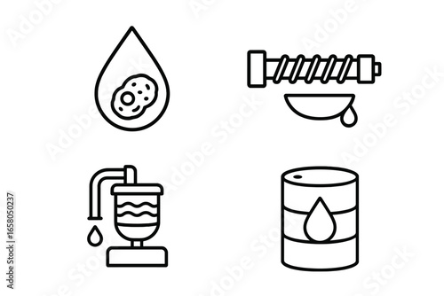 Peanut oil production outline icon set. Earthnut oil extraction process with pressed drop, expeller screw, filtration unit, and storage drum. Vector line icons for industry.
