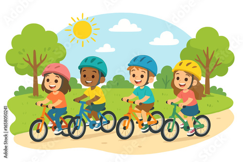 Diverse group of happy children riding bicycles in a city park. Summer outdoor activity for kids. Multicultural friends cycling together. Vector cartoon illustration concept.