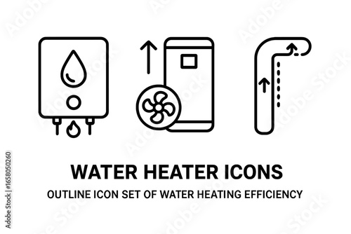 Water heater line icon set. Vector symbols for plumbing and heating systems. Includes tankless water heater, efficient heat pump, and insulated pipe for energy savings concepts.