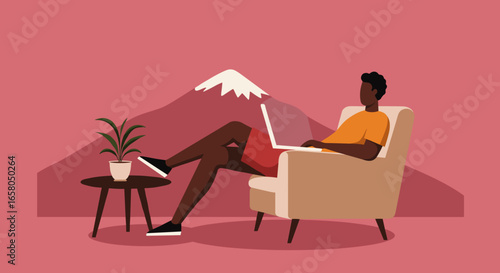 Man relaxing with laptop, working remotely from a comfortable chair. Represents flexible work, digital nomad lifestyle, and travel.