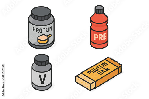 Isometric nutrition supplement icon set. Fitness and bodybuilding vector icons. Protein powder, pre-workout drink, energy bar and vitamin container illustration collection.