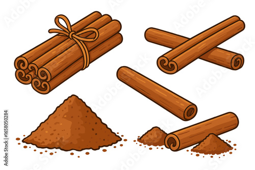 Cinnamon sticks and powder vector illustration set. Collection of cartoon spice icons for cooking and baking. Ground cinnamon pile, bundled sticks. Aromatic culinary ingredient.