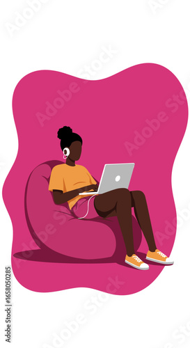 Young woman comfortably working or studying from home on a beanbag chair with a laptop and headphones. Ideal for remote work, online education, or leisure concepts.