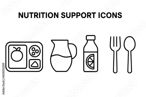 Nutrition support vector icon set. Outline icons of a meal tray with balanced food, water jug, juice bottle, and cutlery. Concept for school lunch, cafeteria, and hospital diet.