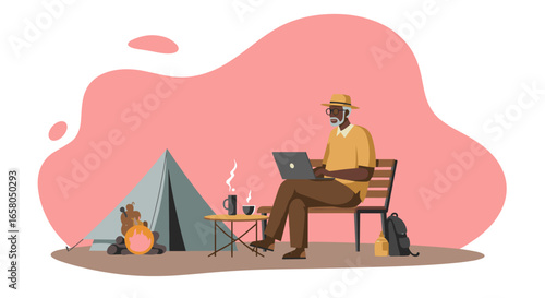 Senior man enjoying remote work on a laptop during a peaceful camping trip outdoors. Relaxed digital nomad lifestyle.