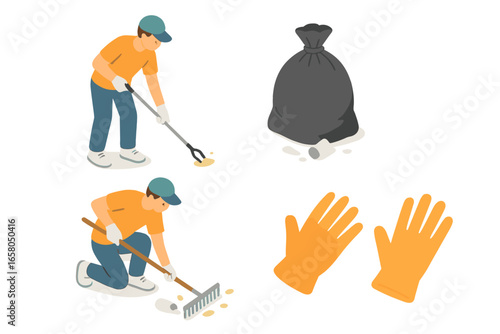 Isometric beach cleanup icon set. Volunteer characters cleaning up trash with grabber and rake. Garbage bag and gloves for environmental protection. Vector flat design concept.