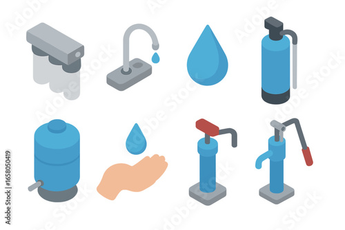 Water purification isometric icon set. Clean water technology and sanitation equipment. Vector symbols for filtration system, reverse osmosis, hand pump, faucet and drop.