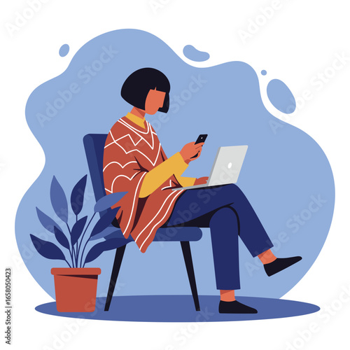 Woman multitasking with laptop and smartphone in a relaxed setting, ideal for remote work, digital lifestyle, or online communication concepts.