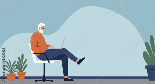 Senior man working remotely on laptop in a modern home office setting, illustrating digital literacy and a comfortable, connected lifestyle.