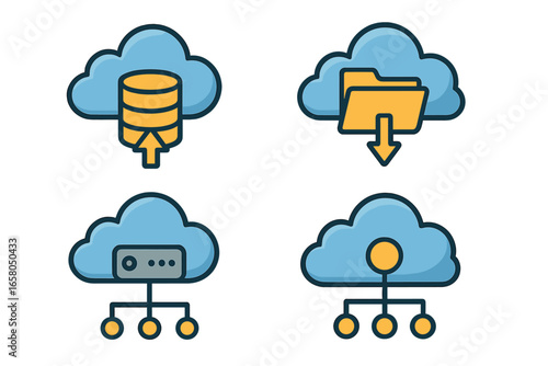 Cloud computing technology icon set. Vector concepts for data management, server hosting, network connectivity and digital database storage. File download and upload symbols.