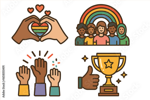 Diversity and inclusion icon set. Celebration of love, community, and accomplishment. LGBTQ pride heart hands, multicultural people, teamwork high five, and winner trophy.