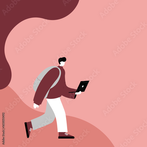 Student or remote worker walking with laptop and backpack, representing modern education, mobile work, and digital lifestyle.