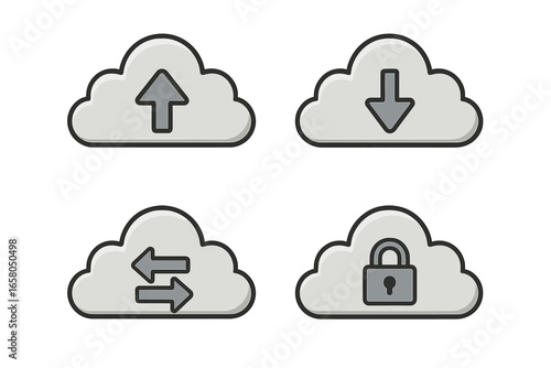 Cloud computing icons. Upload, download, data transfer, security. Cloud storage service. Network technology. Server connection. Data protection. Simple cartoon vector set. Isolated.