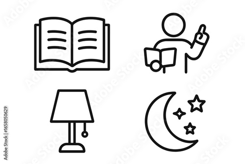 Bedtime story outline icon set. Reading open book, storyteller, bedside lamp, moon, stars. Simple line symbols for fairytale, education, imagination, sleep, dream routine. Vector.