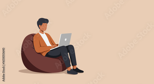 Person comfortably working on laptop from a bean bag chair. Represents remote work, casual office, freelance, study, and leisure.
