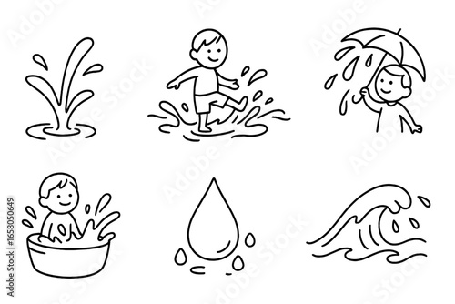 Water activities line icon set. Child playing in rain puddle, boy bathing, wave splash, and drop. Simple doodle outline vector illustration for childhood, weather, and hygiene.