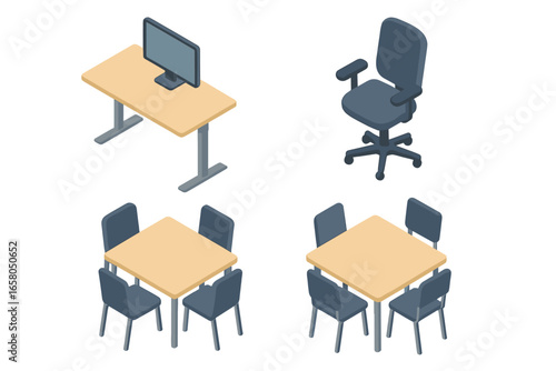 Isometric vector office workspace icons set. Modern ergonomic desk with computer, swivel office chair, teamwork meeting tables with multiple seats. Professional business interior concept.