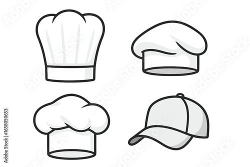 Chef hat vector collection. Professional cook headwear. Kitchen caps and toques. Culinary uniform for restaurant staff and bakers. Food service apparel icons. Line art design.