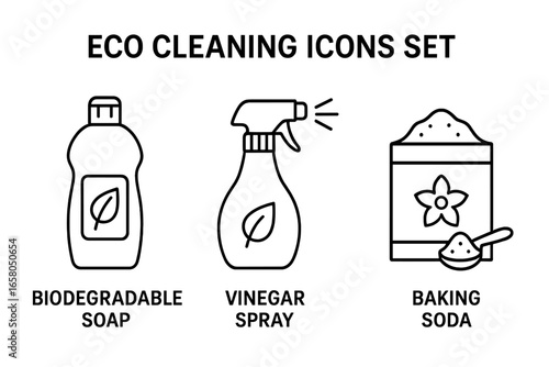 Eco cleaning icons set. Outline vector illustrations of eco-friendly, biodegradable cleaning products. Natural household cleaners concept with soap, vinegar, and baking soda.