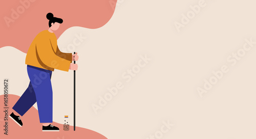Illustration of a person hiking with a walking stick, representing an active lifestyle, outdoor adventure, wellness, and environmental exploration.