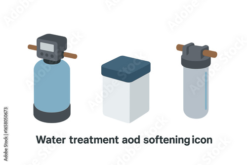 Isometric water treatment icons. Home water softening and filtration system with softener tank, brine tank, filter. Residential purification equipment for basement. Vector.