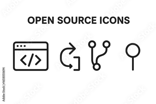 Open source icons set. Outline vector illustrations of code repository, pull request, merge branch, commit symbol. Developer tools, programming contribution. Version control. Transparent background.