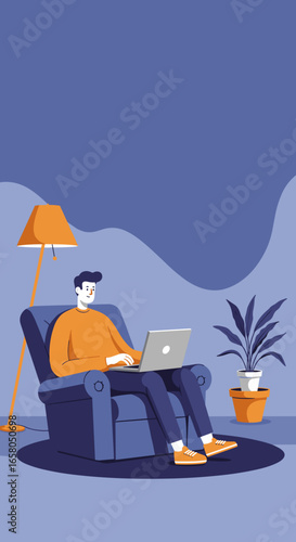 Man working or studying on laptop from home, sitting comfortably in an armchair with a lamp and plant. Depicts remote work, online learning, and modern lifestyle.