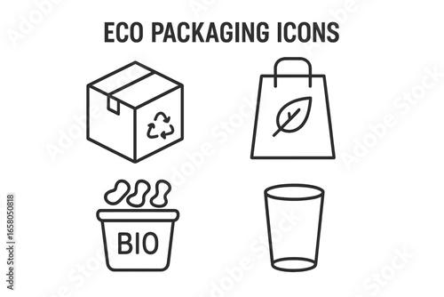 Eco-friendly packaging outline icon set. Sustainable, biodegradable materials. Vector graphic of cardboard box, paper bag, bio packing peanuts, glass. Recycle, reuse concept.