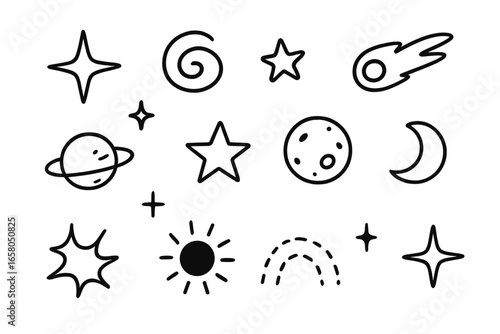 Minimalist space doodle set. Hand drawn line art icons of stars, planets, sun, moon, comet. Cartoon vector illustration for creative projects. Astronomy and cosmos sketch collection.