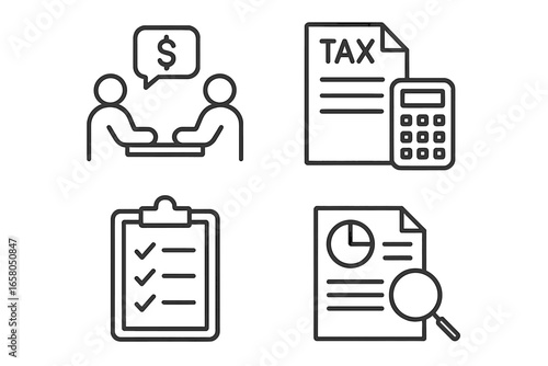 Business and tax consultation icon set. Linear icons for finance, accounting, and audit. Vector pack with checklist, calculator, financial report analysis, and business meeting.