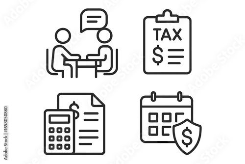Business and tax consultation icon set. Financial advisor meeting, tax declaration form, accounting and budget calculation. Financial security, payment deadline vector icons.