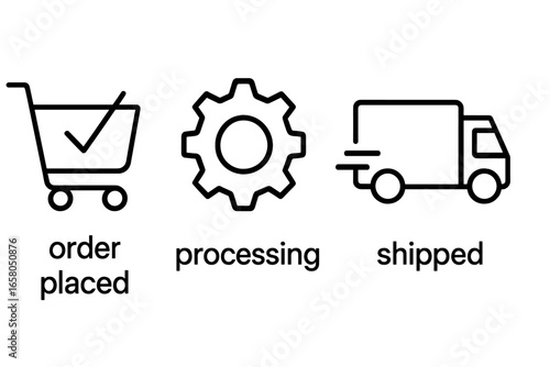 Order tracking process icons set. Outline style shopping cart checkmark, gear processing, delivery shipped truck. Ecommerce shipping status vector illustration. Transparent background. Stock concept.