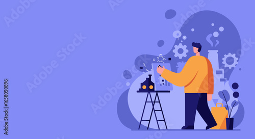 Creative man designing an industrial concept on a digital tablet, blending technology with production. Ideal for innovation, architecture, or business visuals.