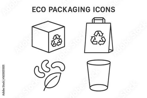 Eco Packaging Icons Set. Outline Vector Illustration of Eco-Friendly Cardboard Box, Recyclable Paper Bag, Biodegradable Packing Peanuts, and Glass Container Symbols for Sustainable Packaging
