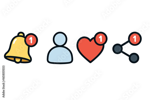 Social media notification icon set with bell, user profile, heart like, and share symbols. Vector cartoon illustration for app UI and UX design. New message and follower alert.