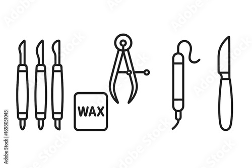 Wax carving and modeling tools icon set. Line art vector for jewelry design, dental laboratory or sculpting hobby. Includes electric wax pen, block, calipers and carving knife.