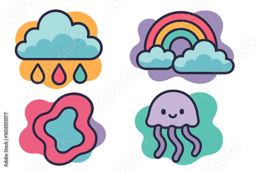 Set of cute cartoon icons with rainbow, rain cloud, jellyfish, and abstract shape. Kawaii vector illustration. Weather and sea life sticker pack for kids. Colorful flat design.