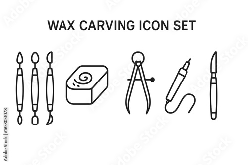Wax carving and modeling tools outline icon set. Vector illustration of sculpting equipment for jewelry making, dental laboratory work, and craft hobbies. Includes wax block.