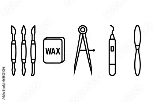 Wax carving tool icon set. Outline icons for modeling and sculpting. Jewelry making equipment. Dental technician tools. Wax block, calipers, wax pen, sculpting knife vector.