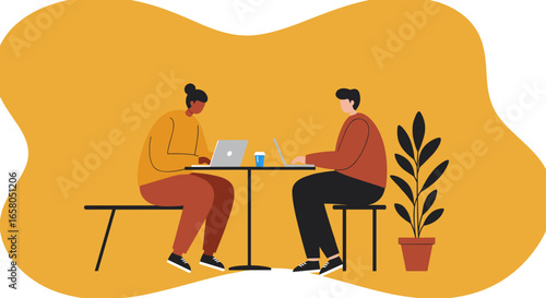 Diverse professionals working on laptops at a shared table, illustrating remote work, digital collaboration, and modern lifestyle. Great for business and education.
