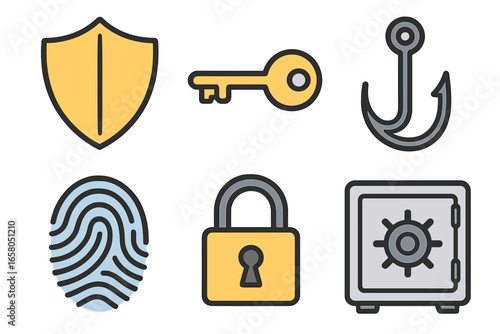Cybersecurity and data protection icon set. Vector symbols for internet safety, privacy, and authentication. Collection includes shield, key, fingerprint, lock, safe, phishing hook.
