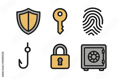 Security and cybersecurity icon set. Vector collection with shield, key, fingerprint, padlock, and safe. Concept for data protection, privacy, online safety, and authentication. Phishing hook.