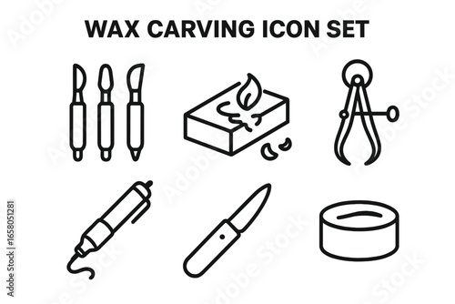 Wax carving icon set for jewelry design and craft. Outline icons of wax modeling and sculpting tools. Vector collection with wax block, calipers, wax pen, knife and pot.