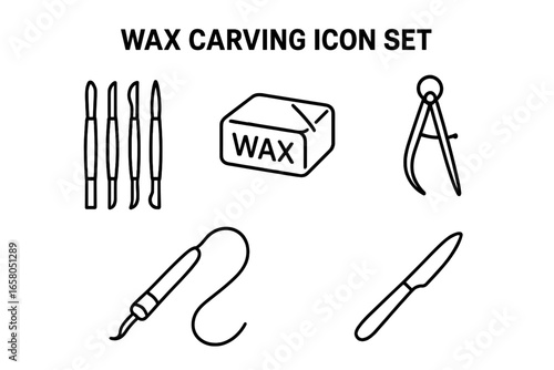Wax carving and modeling icon set. Vector outline icons of sculpting tools, wax block, calipers, wax pen, sculpting knife for jewelry design or dental lab work. Craft.