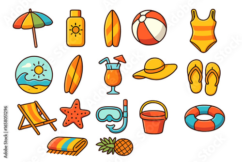 Summer beach icon set. Vacation travel essentials for fun by the ocean. Cartoon vector collection with surfboard, swimsuit, sunscreen, cocktail, umbrella, ball, and snorkel.