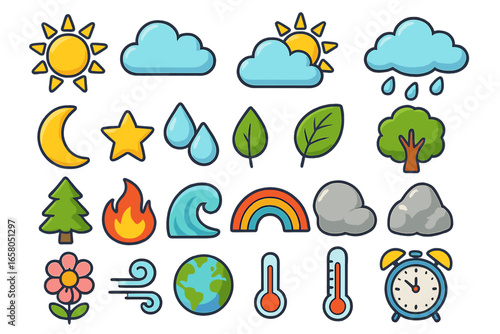 Colorful weather and nature icon set. Big collection of cute cartoon vector symbols. Sun, cloud, rain, moon, star, fire, water wave, rainbow, tree, earth, thermometer, clock.