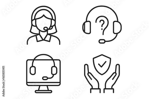 Customer service linear icons set. Call center operator, help desk, online support, and security symbols. Vector outline pictogram collection for web, app, and UI design.